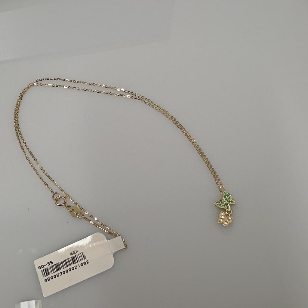 CADENA TEJIDO GARGANTILLA CON DIJE MARIPOSAS CIRCONIAS Y PIEDRAS DE COLOR 14K 45 CM 2 GR (NUEVO)