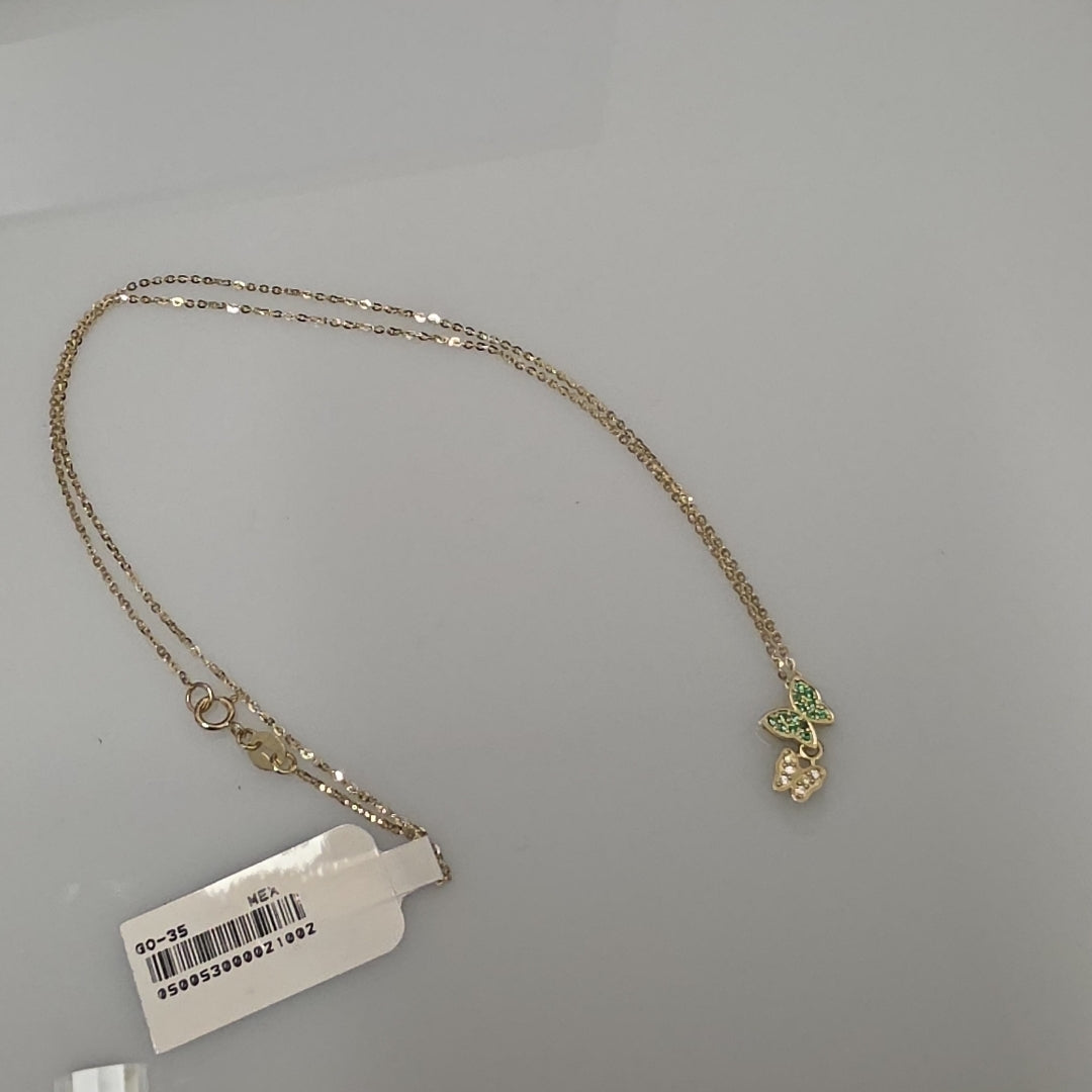 CADENA TEJIDO GARGANTILLA CON DIJE MARIPOSAS CIRCONIAS Y PIEDRAS DE COLOR 14K 45 CM 2 GR (NUEVO)