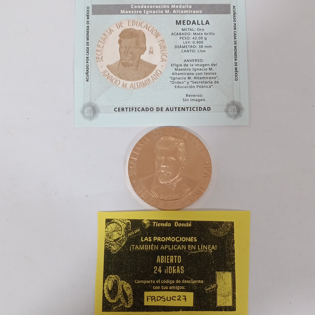 MEDALLA CONMEMORATIVA ORO 21 K 41.9 GRMS (SEMINUEVO)
