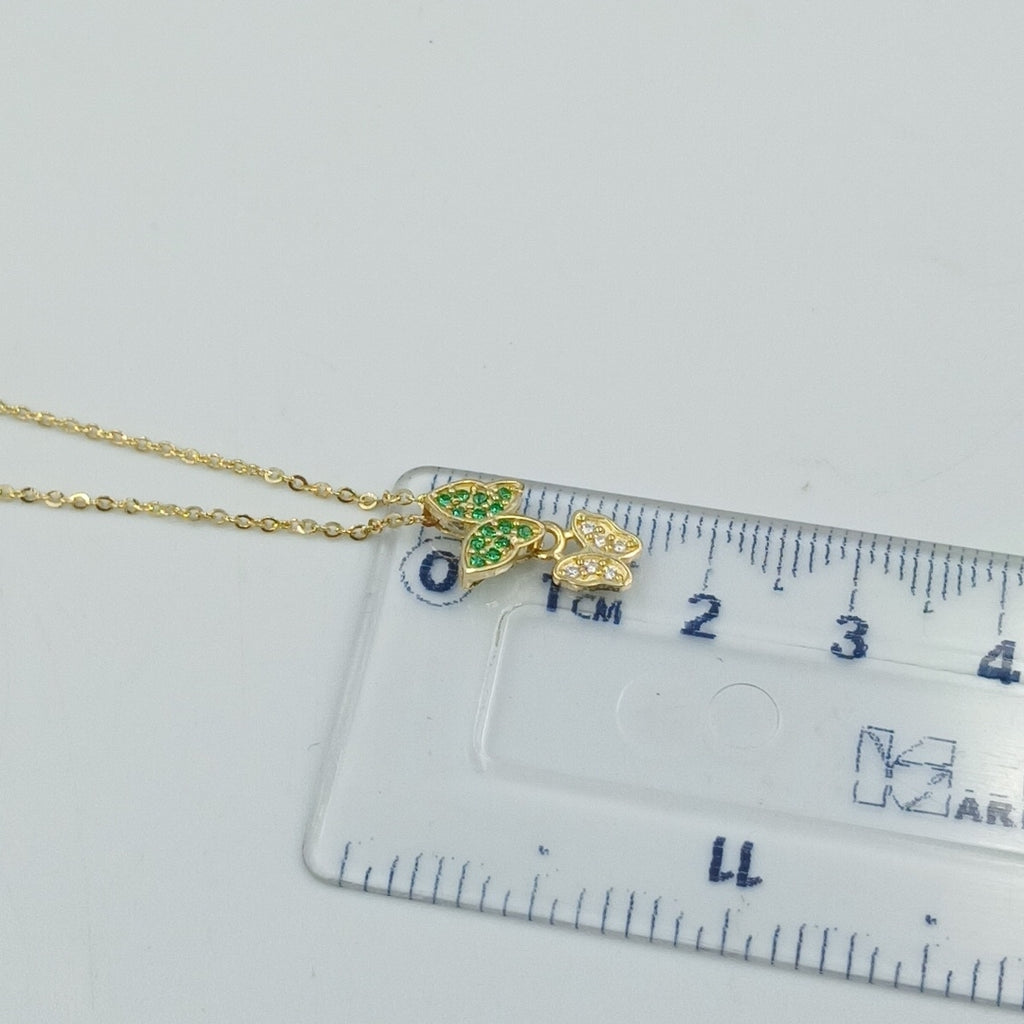 CADENA TEJIDO GARGANTILLA CON DIJE MARIPOSAS CIRCONIAS Y PIEDRAS DE COLOR 14K 45 CM 2 GR (NUEVO)