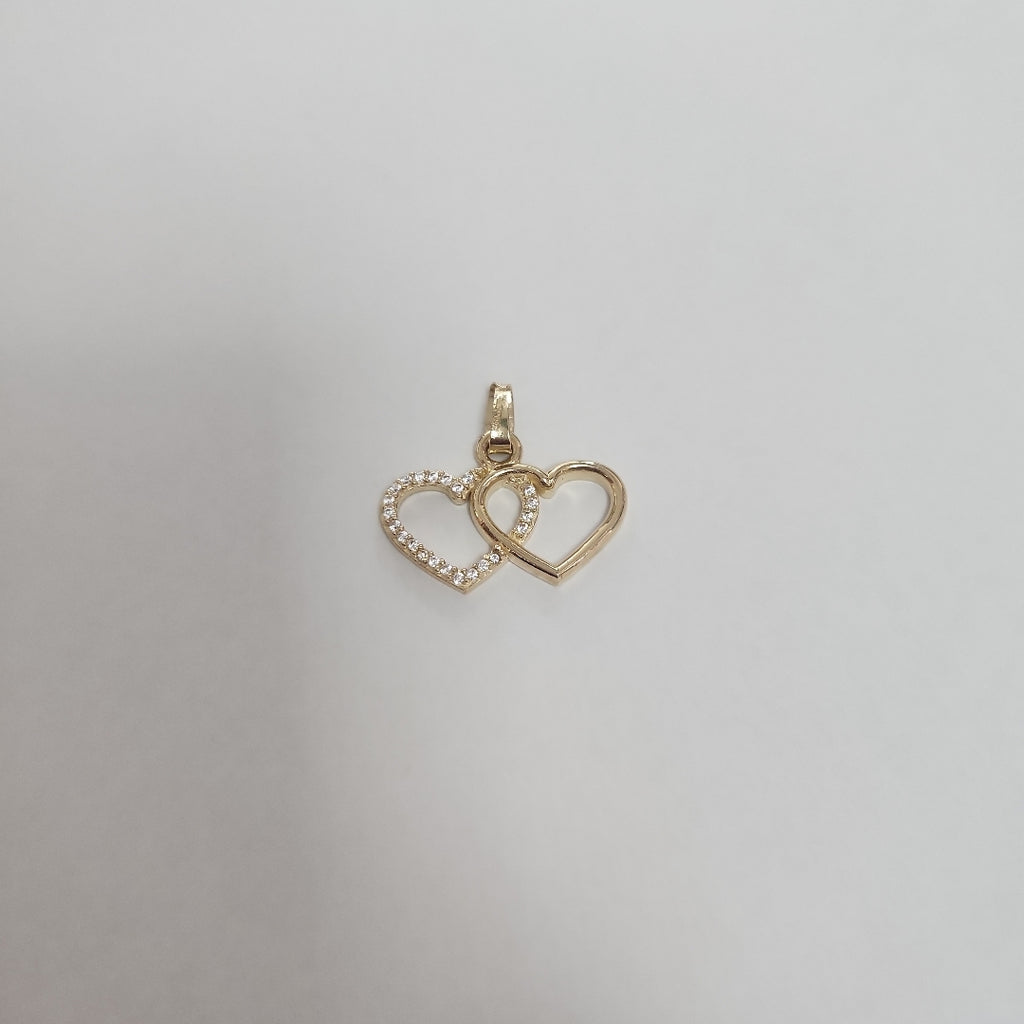 DIJE TEJIDO DOS CORAZONES CON CIRCONIAS 14K 1.4 GR (NUEVO)