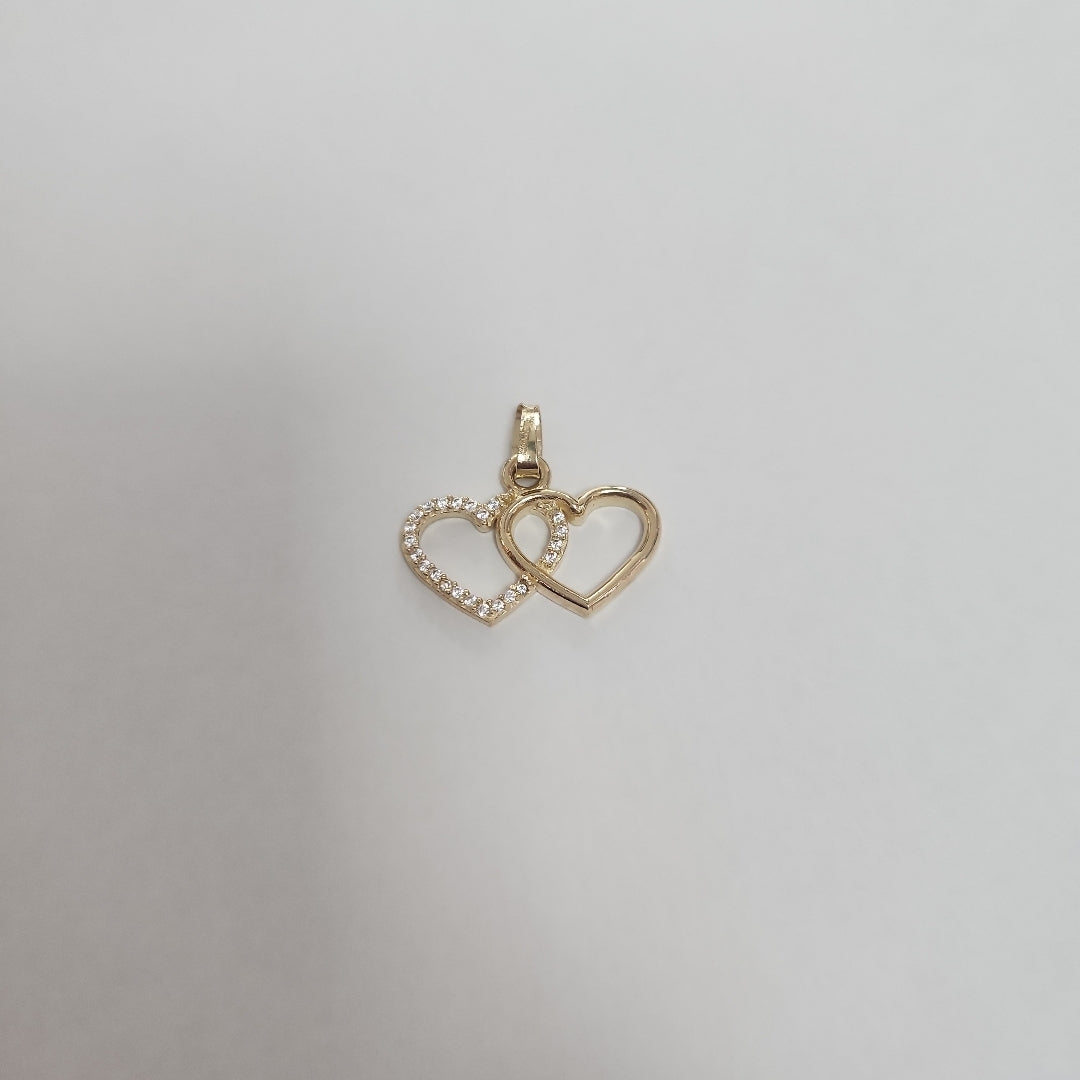 DIJE TEJIDO DOS CORAZONES CON CIRCONIAS 14K 1.4 GR (NUEVO)