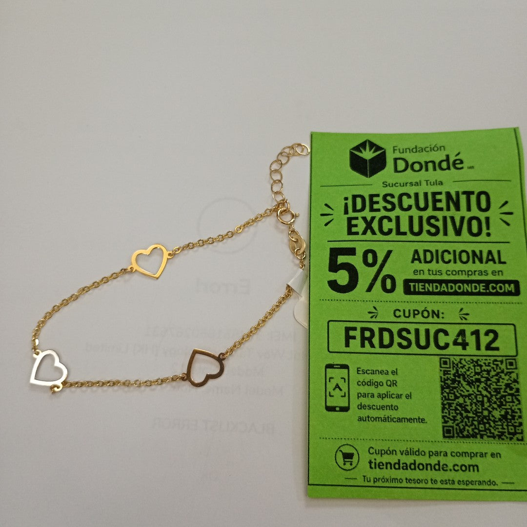 PULSERA ESPECIAL CON CORAZONES CONBINADOS 14K 18 CM 1.6 GR (NUEVO)
