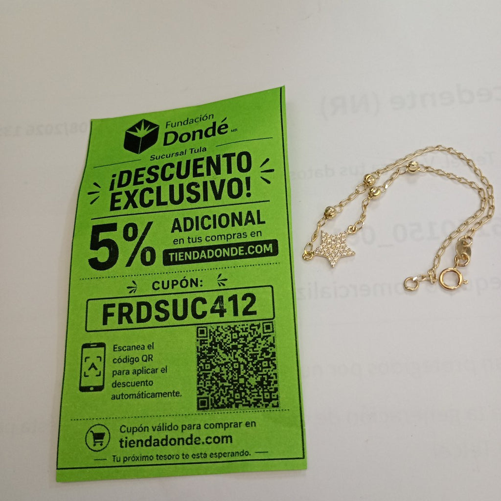 PULSERA ESPECIAL CON ESTRELLA Y CIRCONIAS 14K 18 CM 1.5 GR (NUEVO)