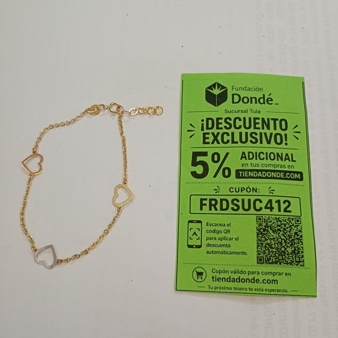 PULSERA ESPECIAL CON CORAZONES CONBINADOS 14K 18 CM 1.7 GR (NUEVO)