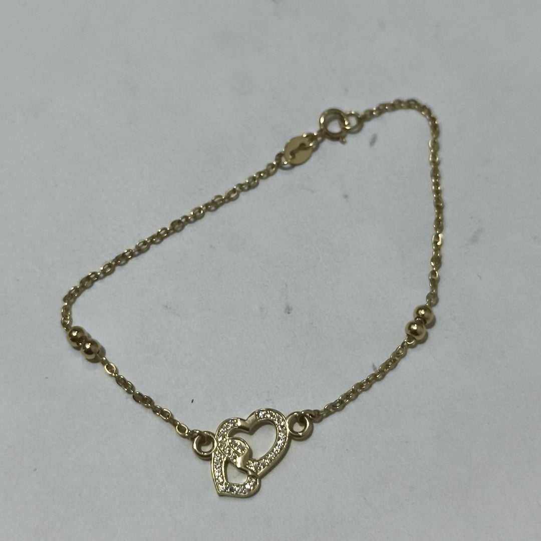 PULSERA TEJIDO ESPECIAL CORAZONES CON CIRCONIAS 14K 18 CM 2.4 GR (NUEVO)