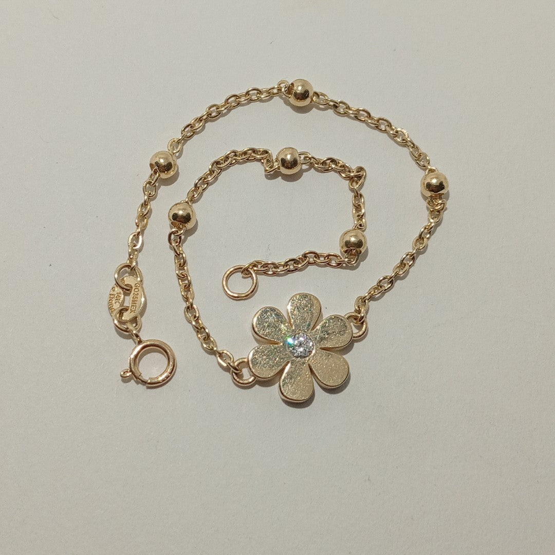 PULSERA TEJIDO ESPECIAL FLOR CON CIRCONIA 14K 18 CM 2.5 GR (NUEVO)