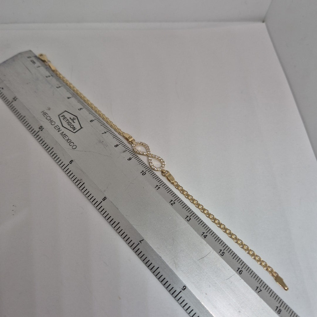 PULSERA TEJIDO ESPECIAL CON INFINITO Y CIRCONIAS 14K 18 CM 3.4 GR (NUEVO)