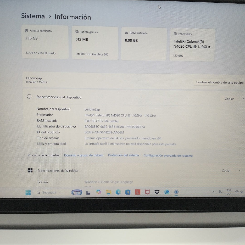 LAPTOP LENOVO IDEAPAD 1 15IGL7 (2024) 256 GB SSD 8 GB RAM (SEMINUEVO)