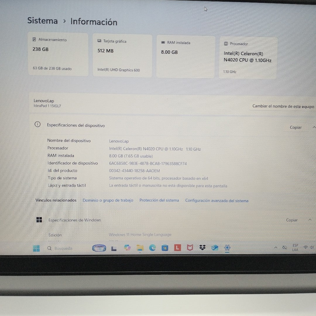 LAPTOP LENOVO IDEAPAD 1 15IGL7 (2024) 256 GB SSD 8 GB RAM (SEMINUEVO)