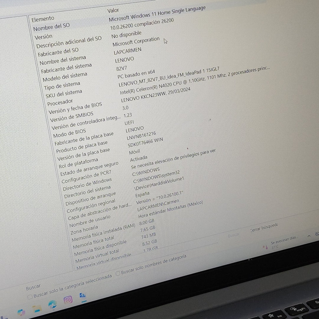 LAPTOP LENOVO IDEAPAD 1 15IGL7 (2024) 256 GB SSD 8 GB RAM (SEMINUEVO)